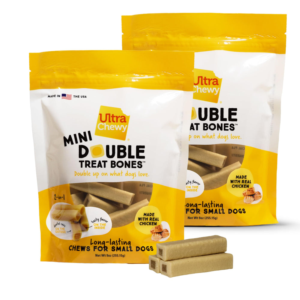 Ultra Chewy Mini Double Treat Bones outer-shell for long-lasting chew and dental care.