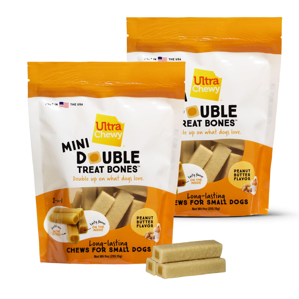 Ultra Chewy Mini Double Treat Bones with outside chew, promotes long-lasting entertainment for dogs