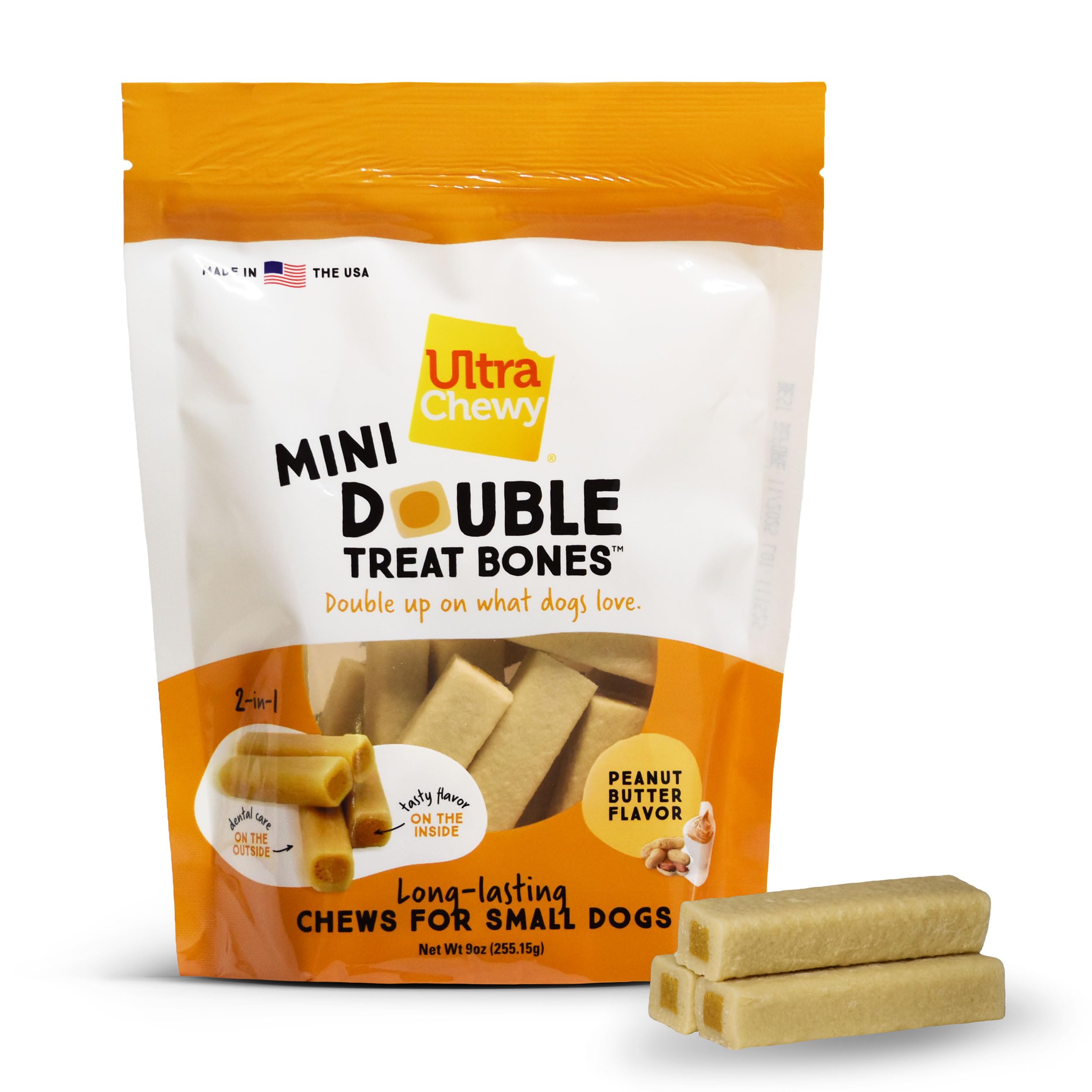 Ultra Chewy Mini Double Treat Bones peanut butter flavor appealing to dogs