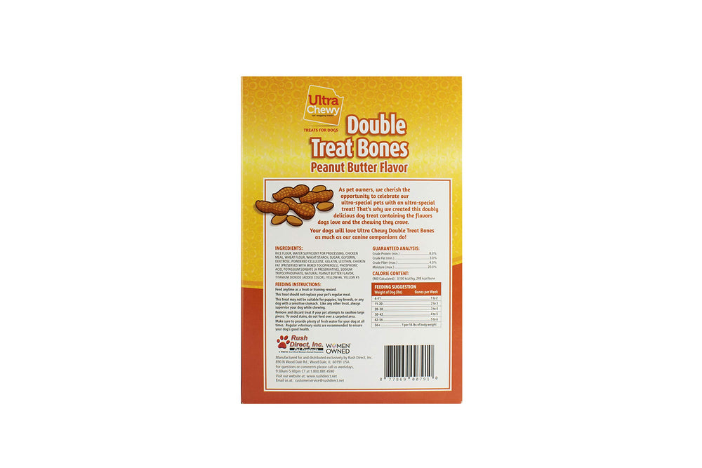 Ultra Chewy Peanut Butter Double Treat Bones: suitable for large and small breeds.