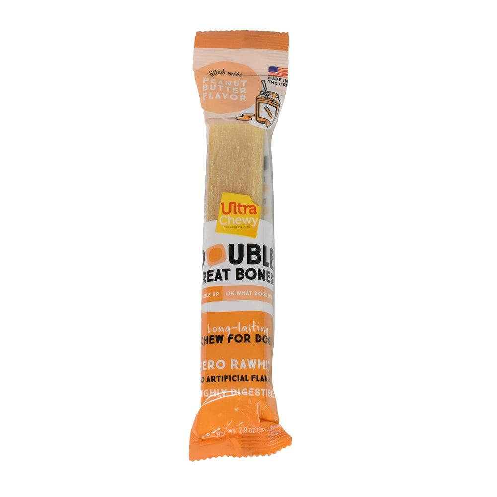 Ultra Chewy Peanut Butter Double Treat Bones USA-made badge visible on packaging.