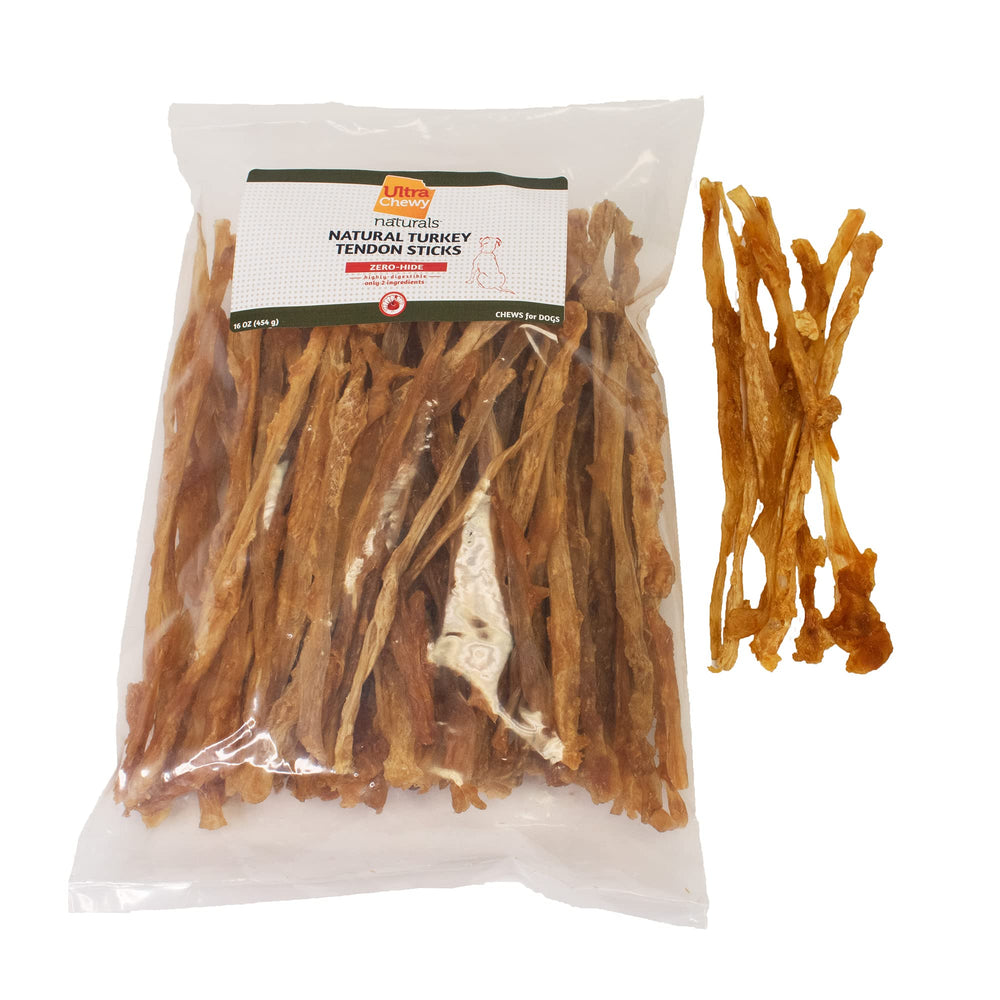 Ultra Chewy turkey tendon sticks packaging close-up highlighting premium dog chew quality