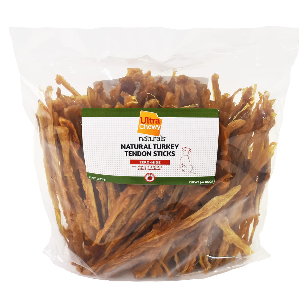 Ultra Chewy turkey tendon sticks in a 2 lb pack showing a protein rich, long lasting chew.