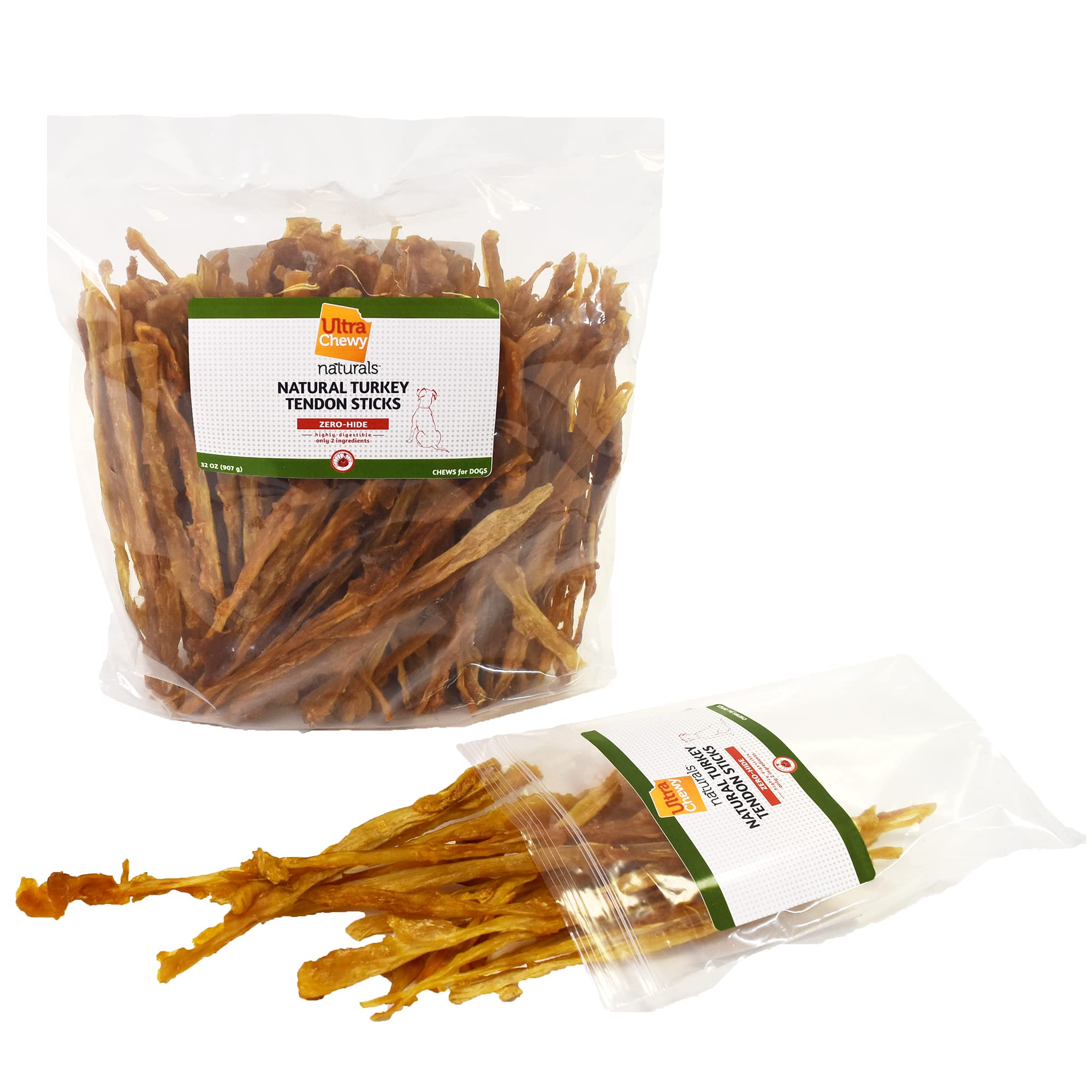 Opened bag of Ultra Chewy turkey tendon sticks ready for a snack.