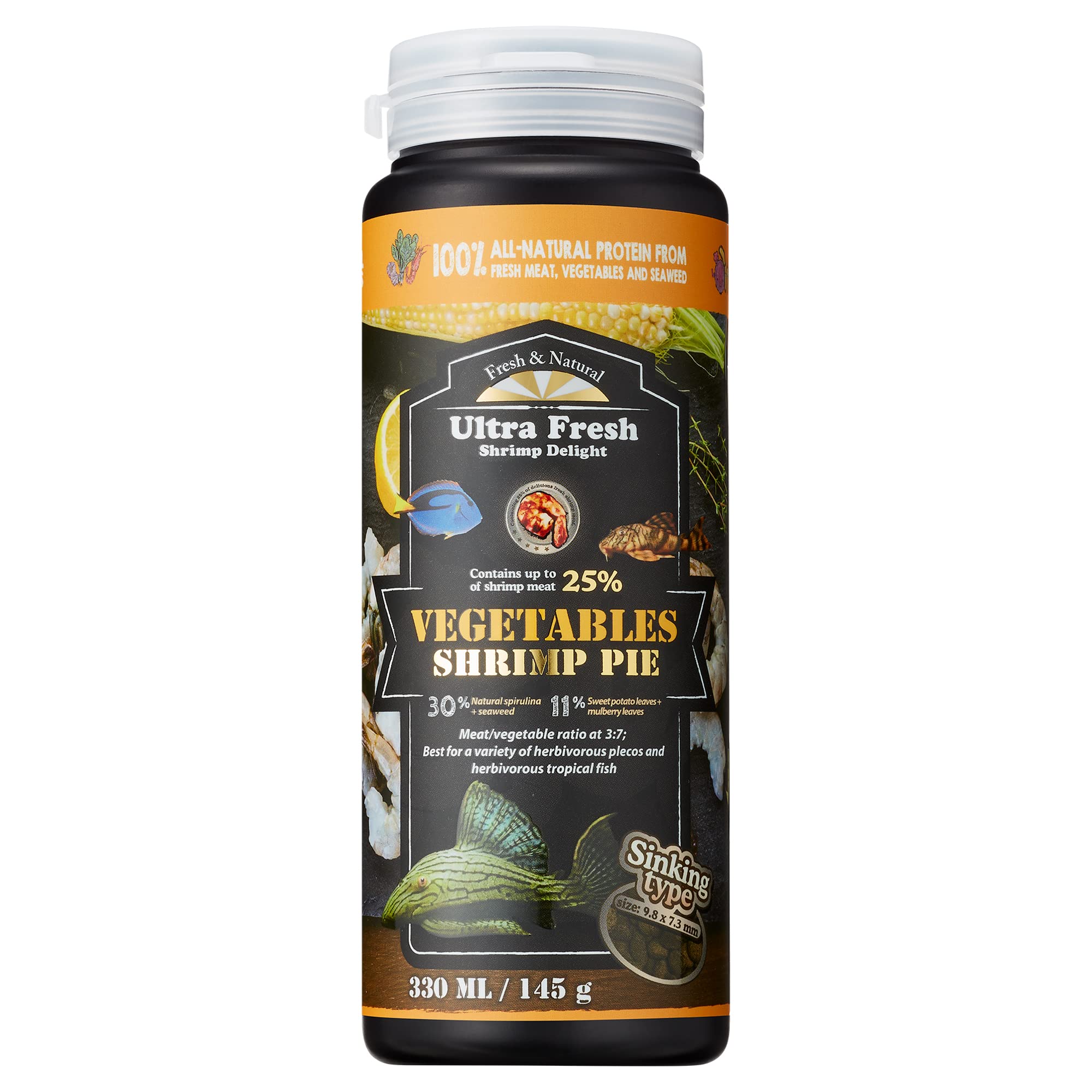 Ultra Fresh Algae Wafers Pleco Food pack shows natural ingredients for balanced nutrition.