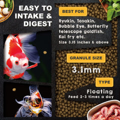 Ultra Fresh balanced-diet goldfish-pellets pack demonstrates complete nutrition supporting growth.