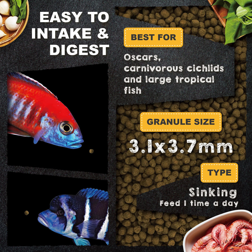Ultra Fresh cichlid formula with seaweed and spirulina boosts color.