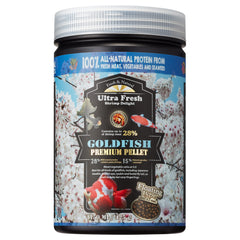 Ultra Fresh floating goldfish food bottle-dispense shows easy feeding with buoyant pellets for clear water.