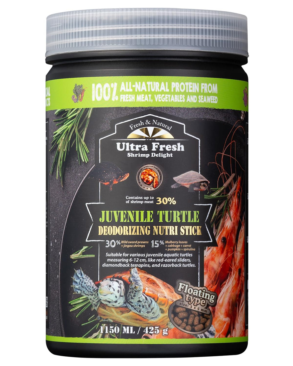 Ultra Fresh Floating Juvenile Turtle Food front label showing all-natural ingredients for balanced nutrition