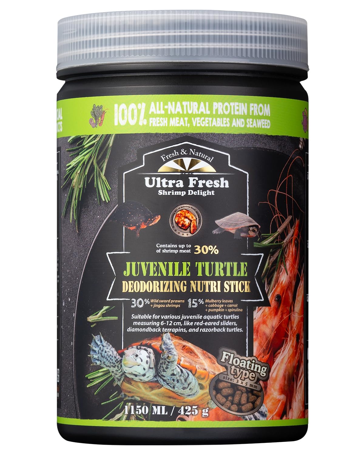Ultra Fresh Floating Juvenile Turtle Food front label showing all-natural ingredients for balanced nutrition
