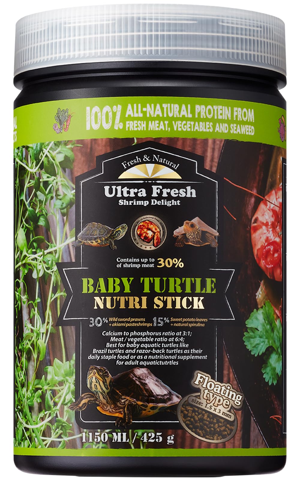 Ultra Fresh Floating Turtle Food Sword Prawn flavor boosts palatability for young turtles.