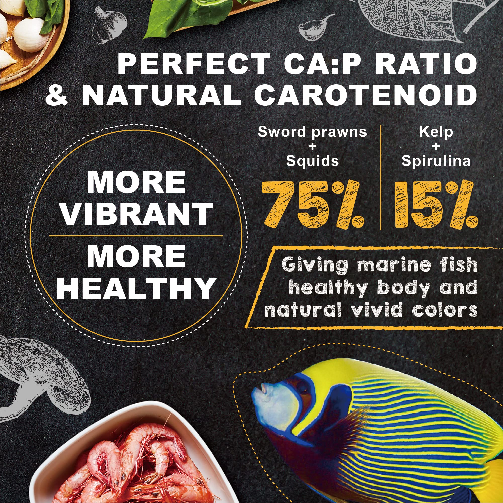 Ultra Fresh Marine Fish Food color enhancement with seaweed and spirulina for vibrant coloration.