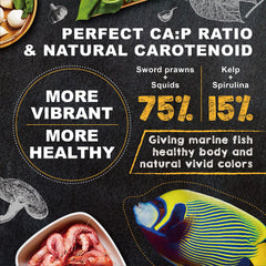 Ultra Fresh Marine Fish Food color enhancement with seaweed and spirulina for vibrant coloration.