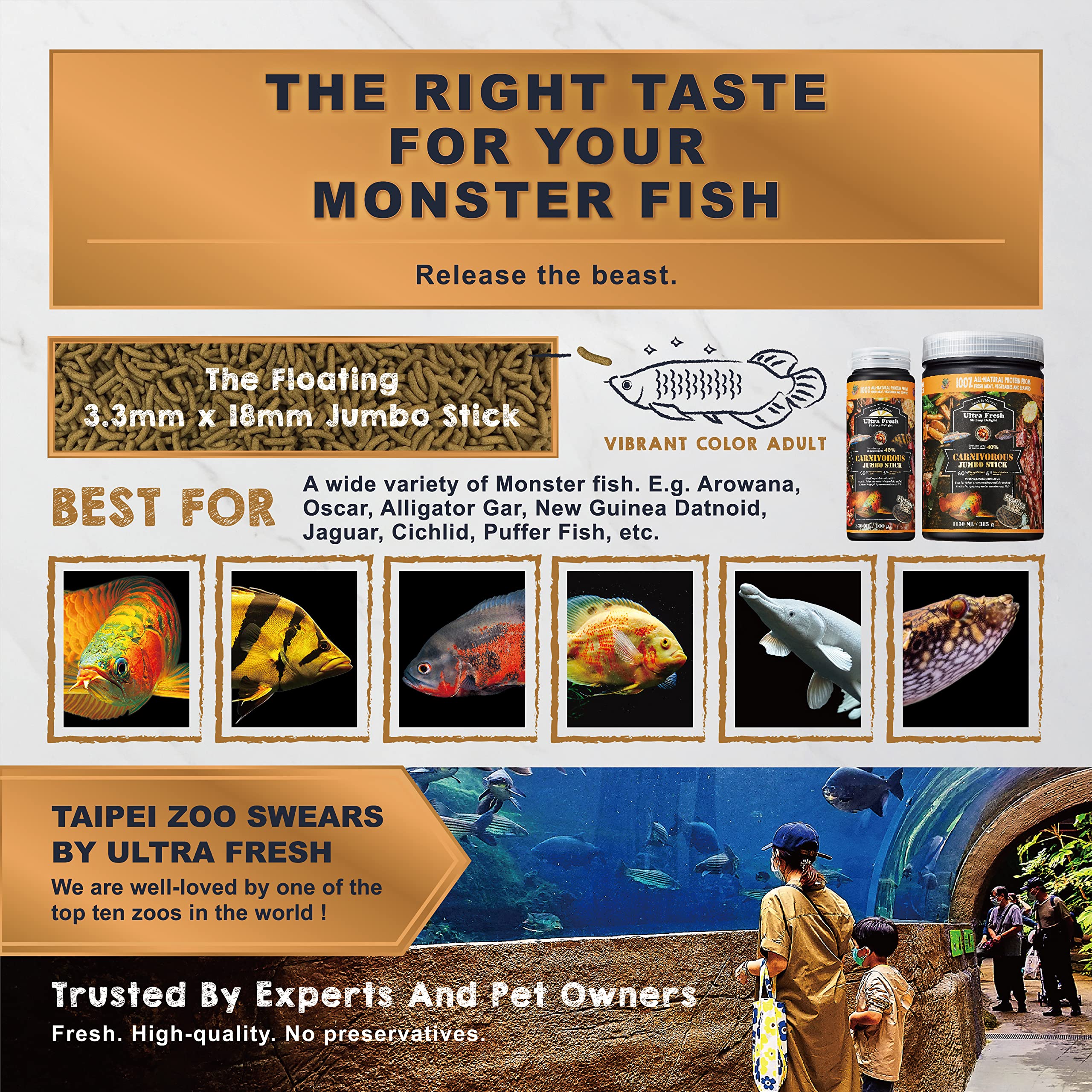 Floating sticks from Ultra Fresh Monster Fish Food in water for easy Oscar and bass feeding.