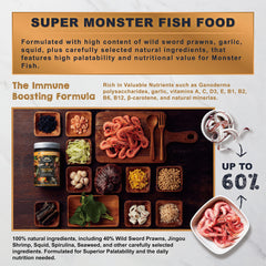 Close-up of Ultra Fresh Monster Fish Food prawns ingredients highlighting high-protein blend.