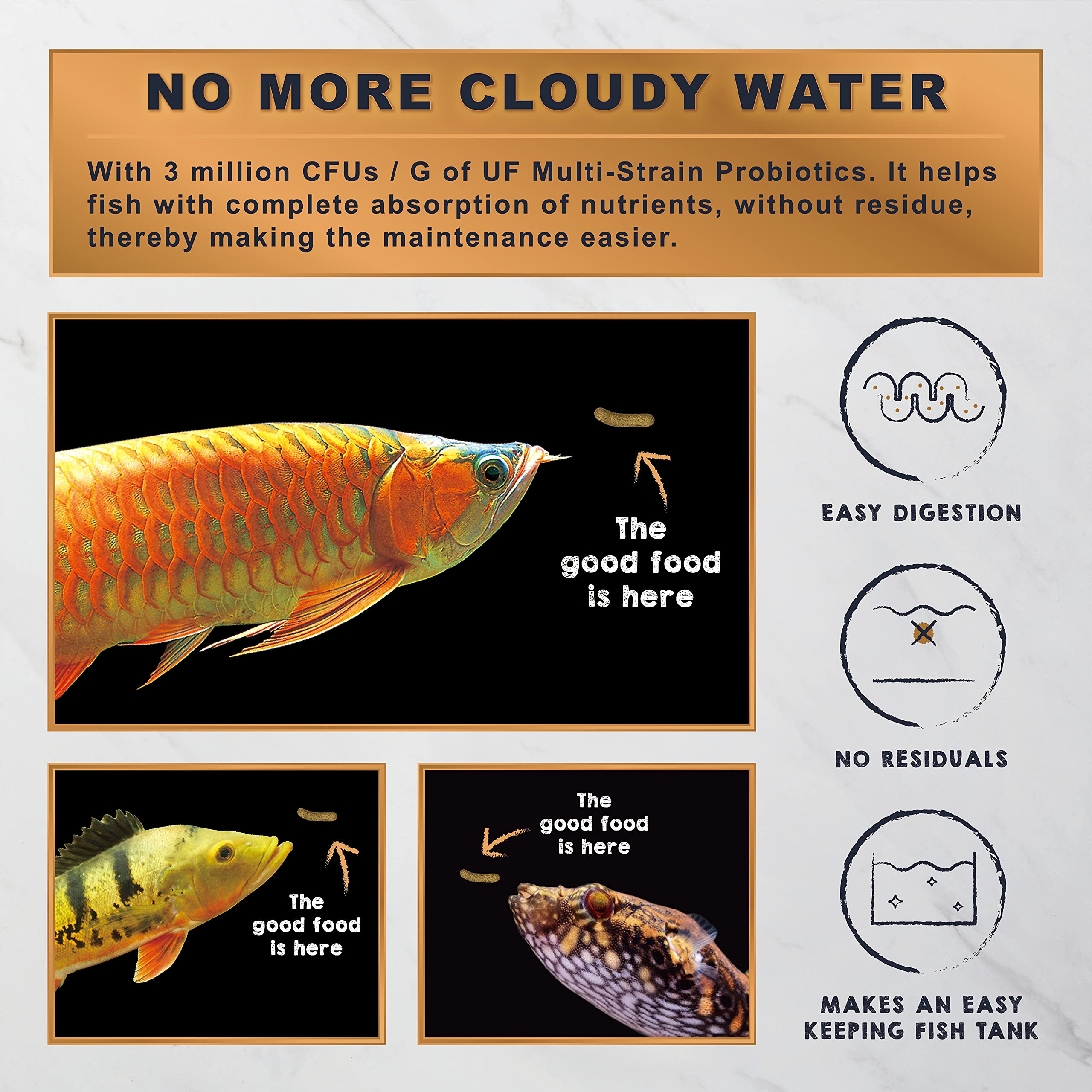 Probiotic-enriched Ultra Fresh Monster Fish Food packaging featuring 3 million CFUs per gram.