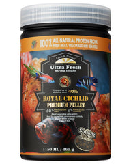 Ultra Fresh Royal Cichlid premium sinking food jar showcasing balanced carnivore formula.