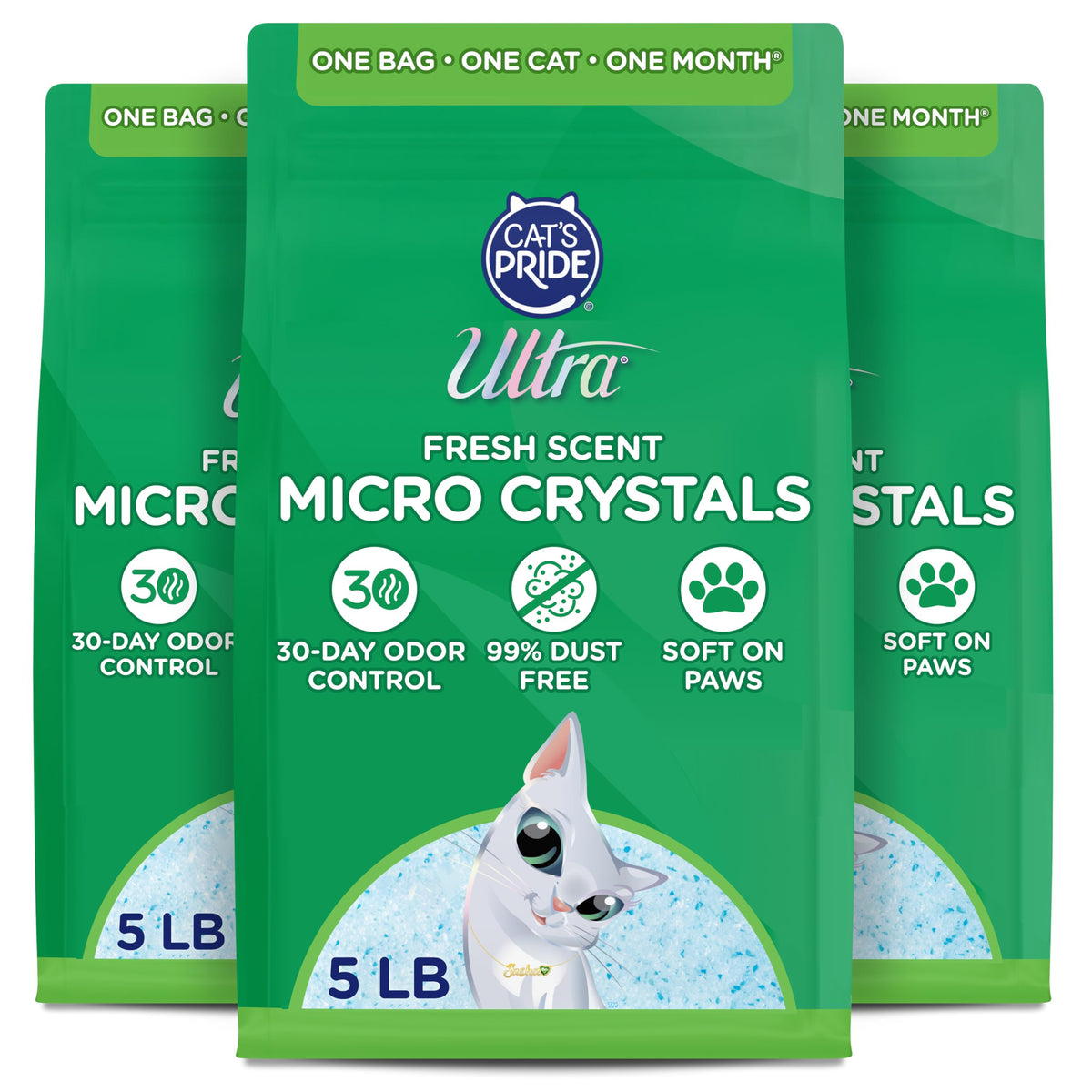 ULTRA Ultra Fresh packaging showing 15 lb trio, highlighting odor control