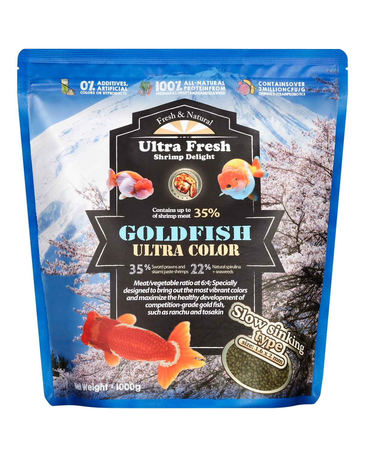 Ultra Fresh sinking goldfish food pellets close-up showing color-boost formula