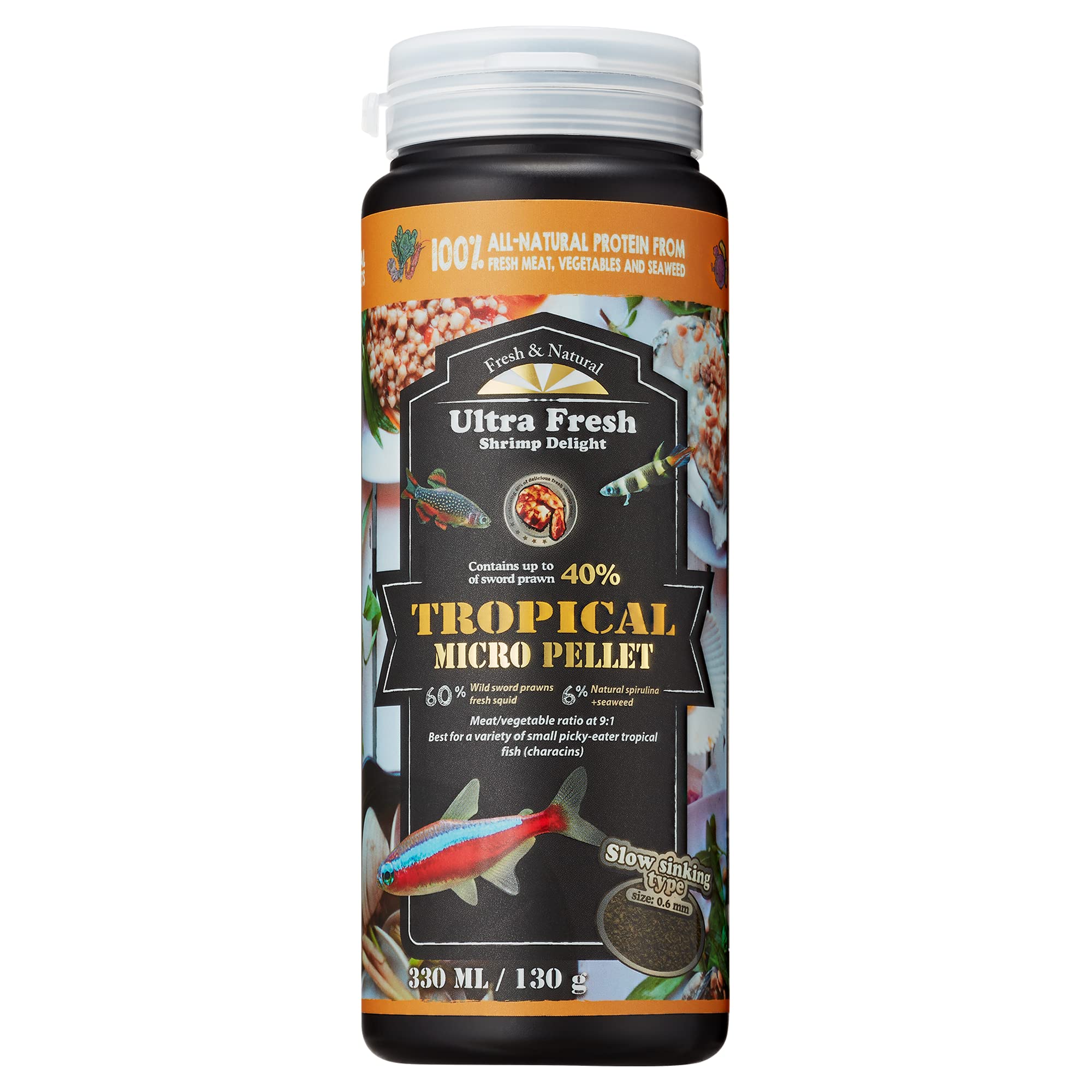 Ultra Fresh Tetra Fish Food package front with natural ingredients and 4.6 oz jar