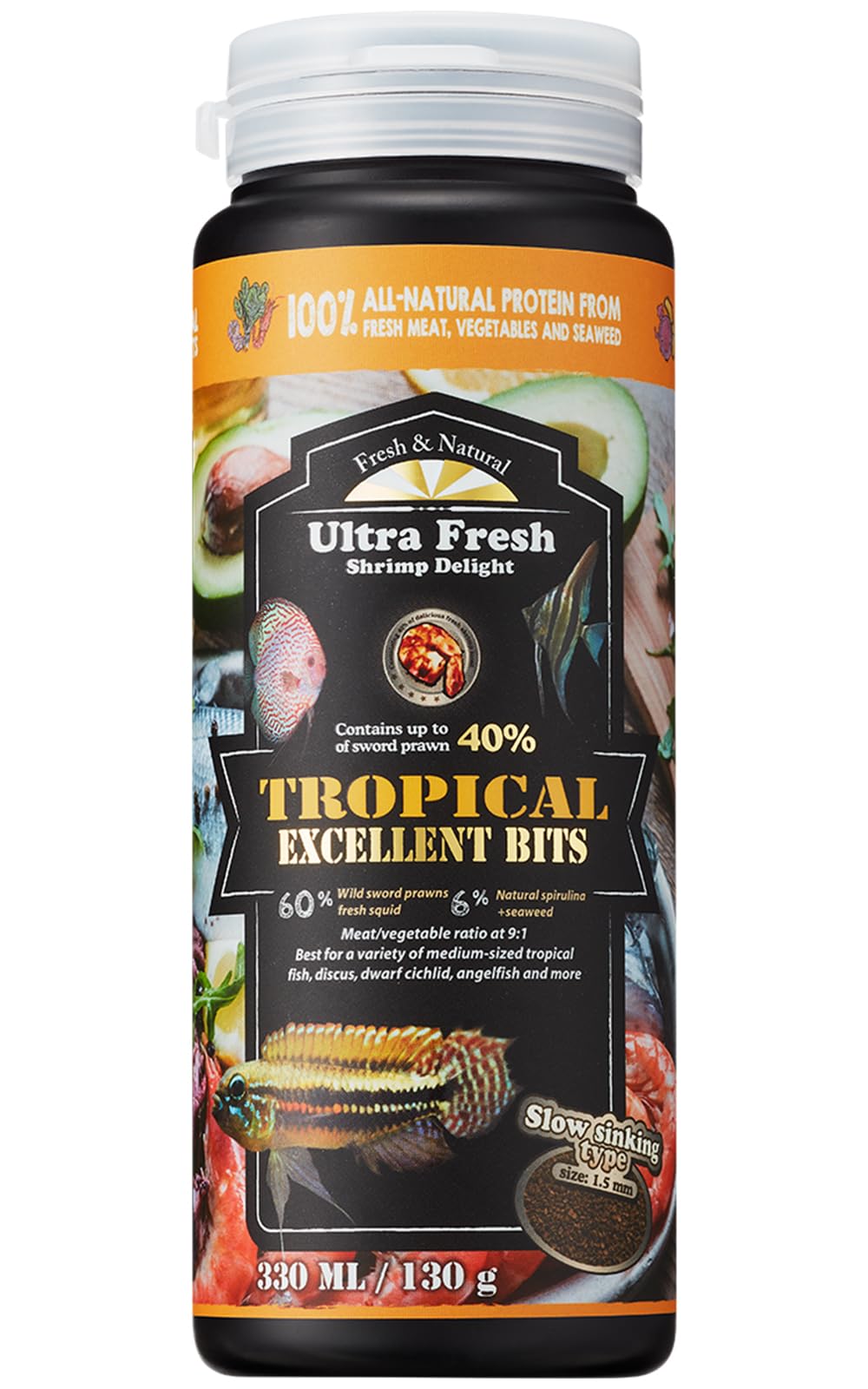 Ultra Fresh Tropical fish food pellets show wild sword prawn for bright color and palatability
