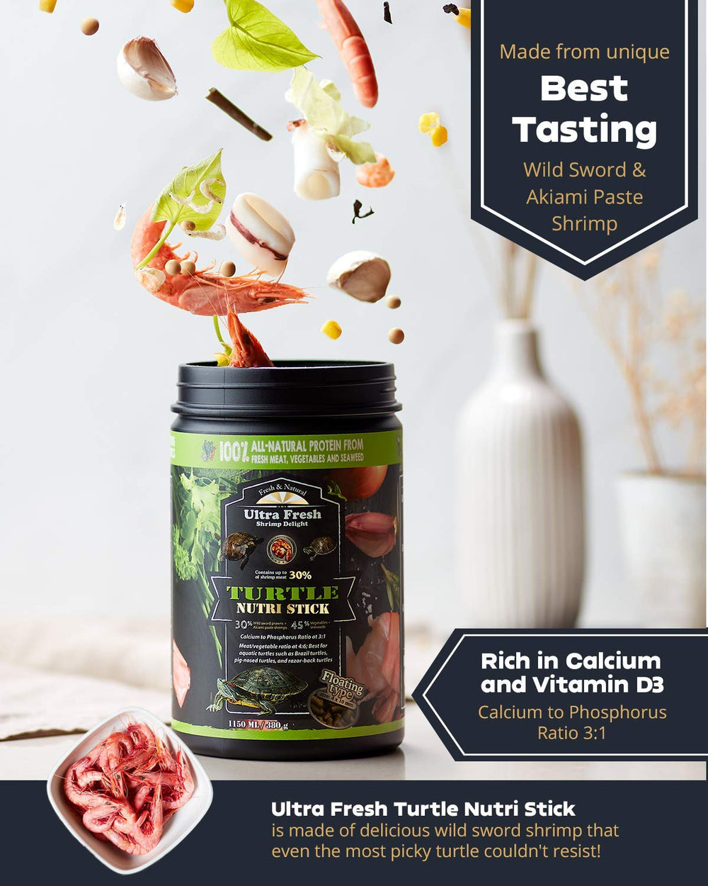 Ultra Fresh turtle nutri stick shows calcium and vitamin D support for healthy shells.