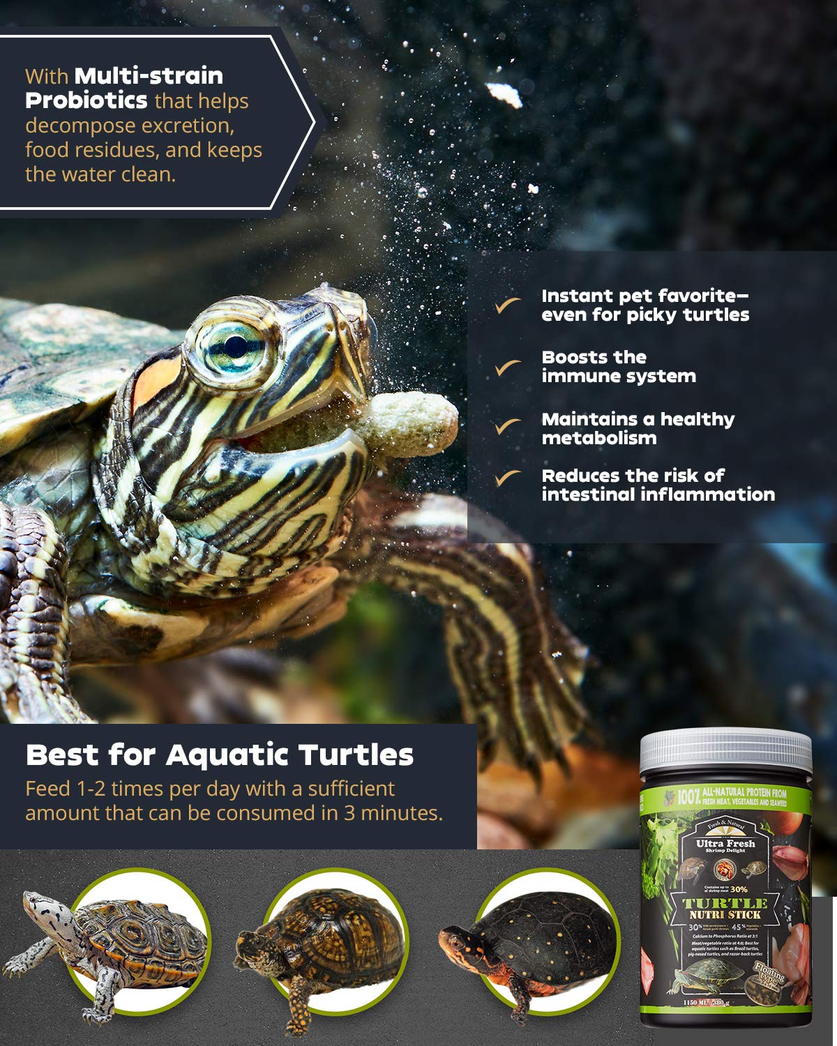 Ultra Fresh Turtle Nutri Stick probiotics aid digestion in an aquarium setting