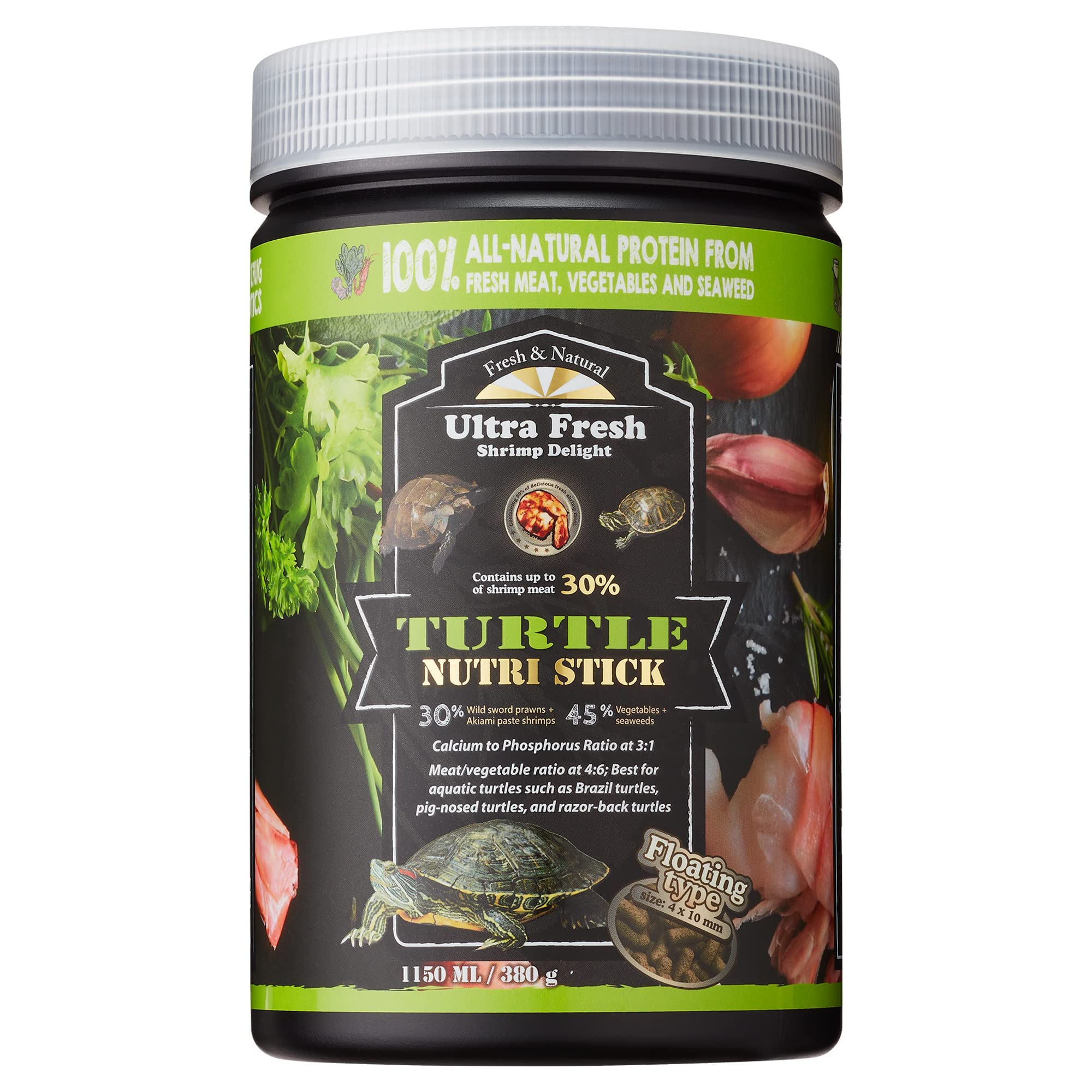Ultra Fresh turtle nutri stick with wild sword prawn flavor enhances palatability for picky turtles.