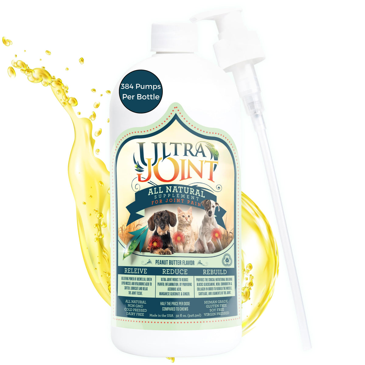 Ultra Joint bottle pour shows a liquid supplement for dogs supporting joint comfort.