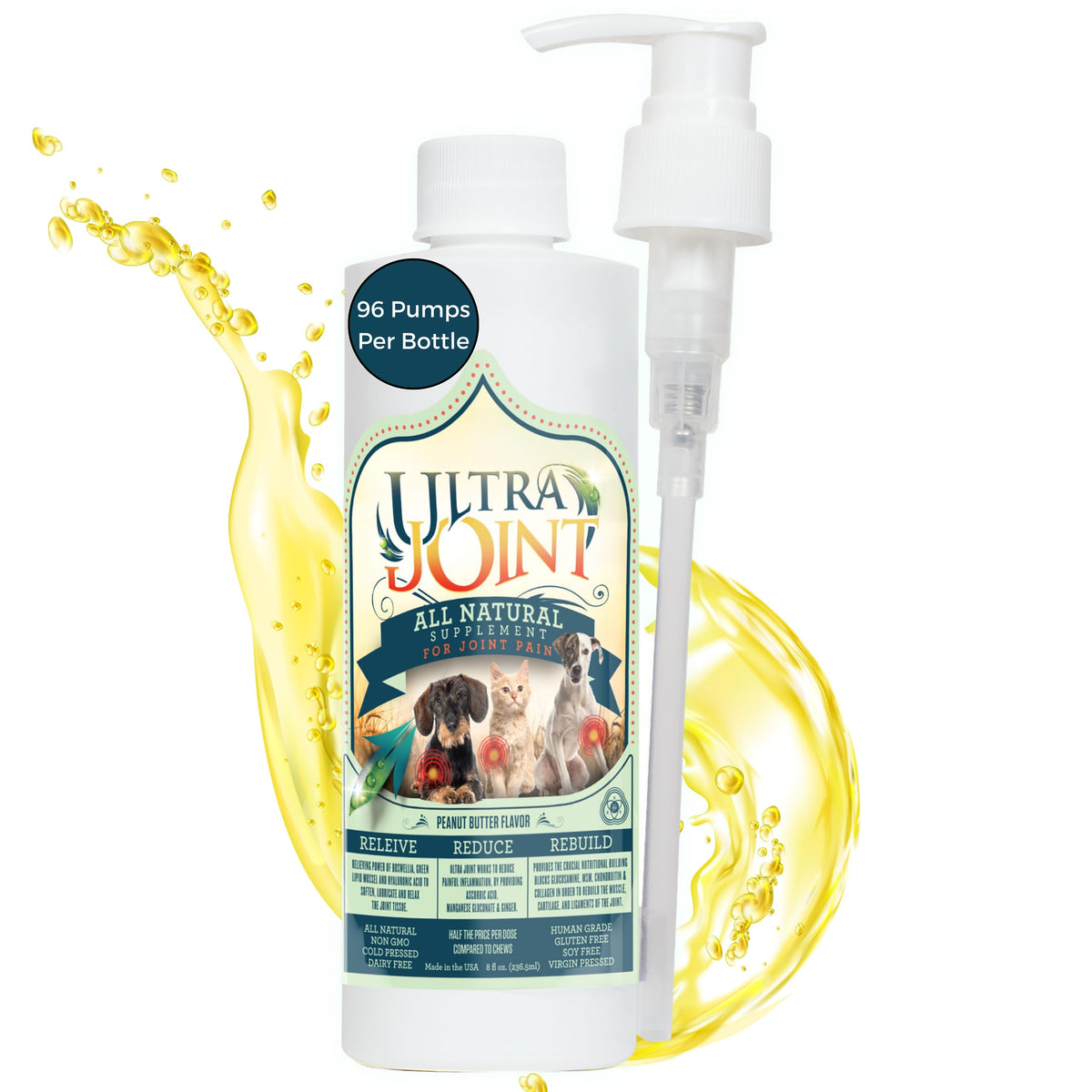 Ultra Joint bottle pouring liquid joint supplement for pets, showcasing convenient use.