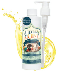 Ultra Joint bottle pouring liquid joint supplement for pets, showcasing convenient use.
