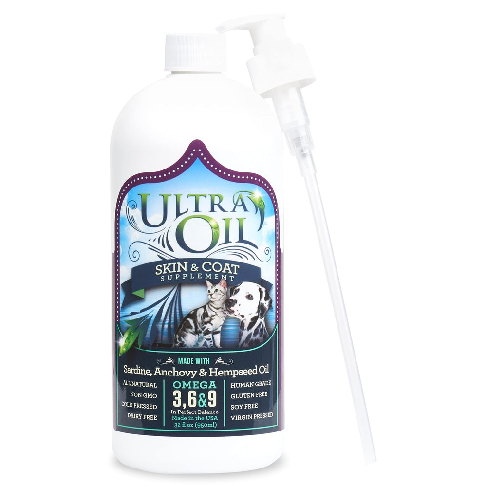 Ultra Oil bottle label highlights hemp and fish oil for healthy skin and coat.