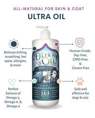 Pouring Ultra Oil into a pet's meal to support skin and coat.