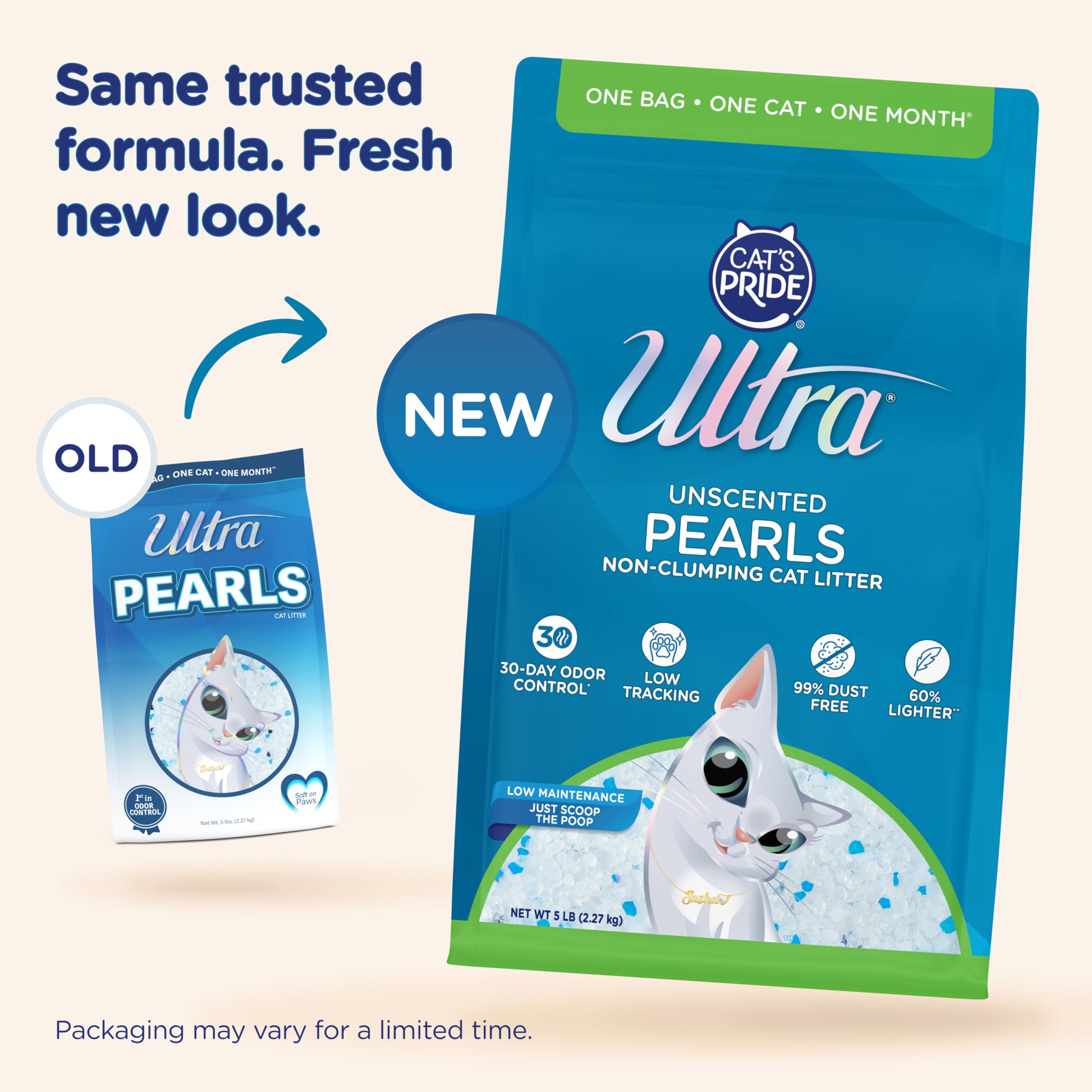 Ultra Pearls low-tracking litter reduces mess around the box.