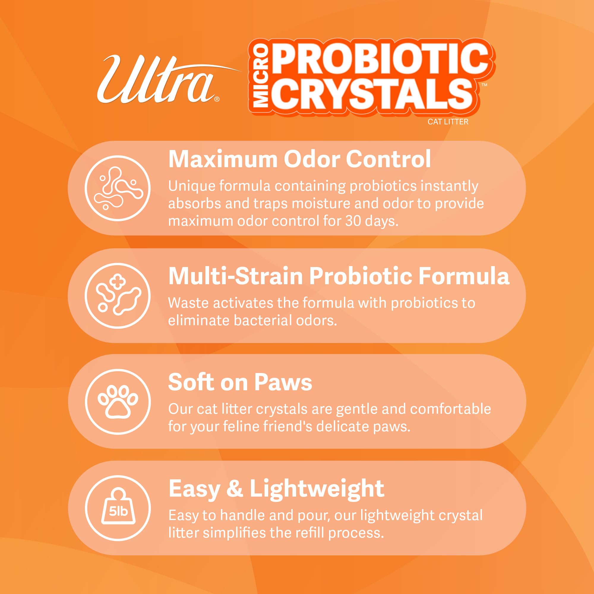 ULTRA probiotic crystals litter close-up highlights dust-free formula for clean shelves.