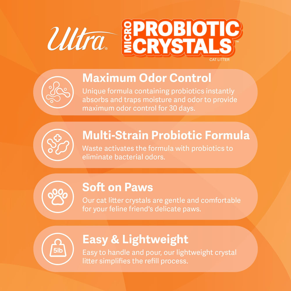 ULTRA probiotic crystals litter close-up highlights dust-free formula for clean shelves.