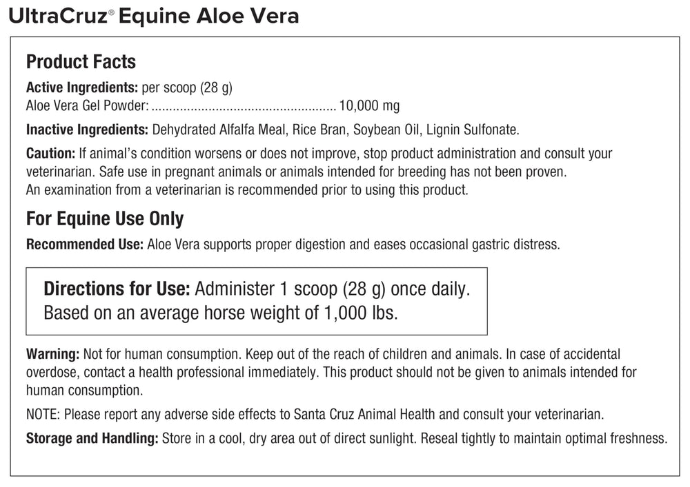 Horse outdoors with UltraCruz Aloe Vera showing daily supplementation use.