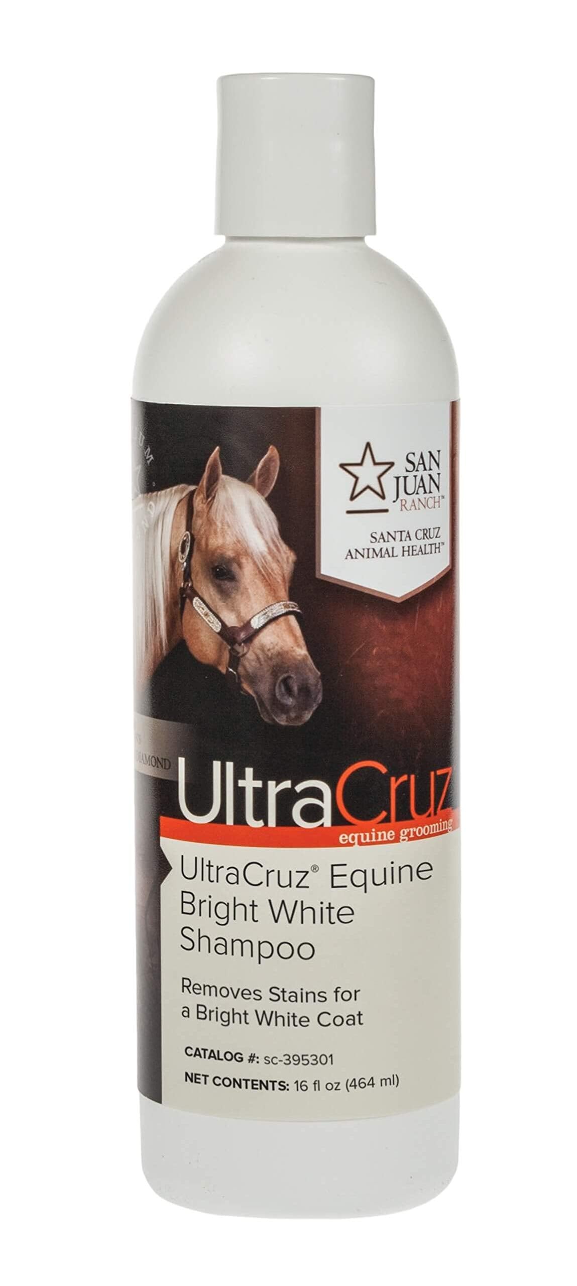 UltraCruz Equine Bright White Shampoo bottle on a barn shelf brightening the coat