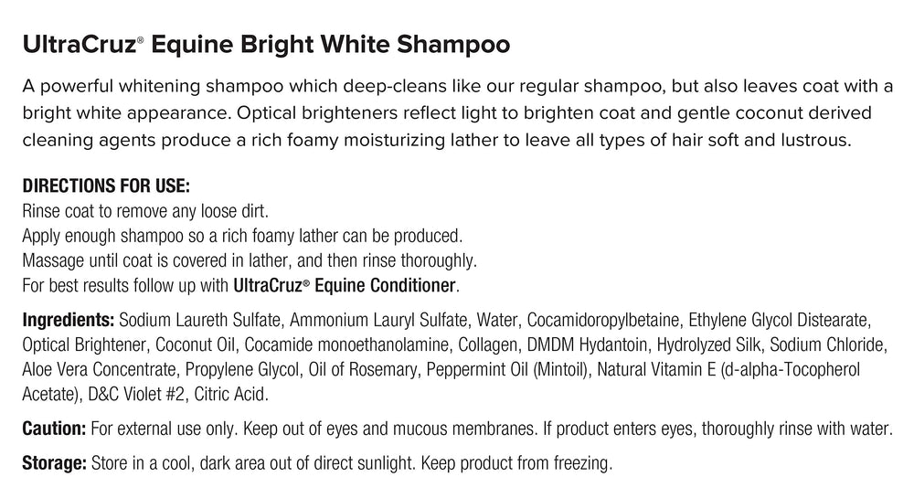 UltraCruz Equine Bright White Shampoo label highlights USA-made formula