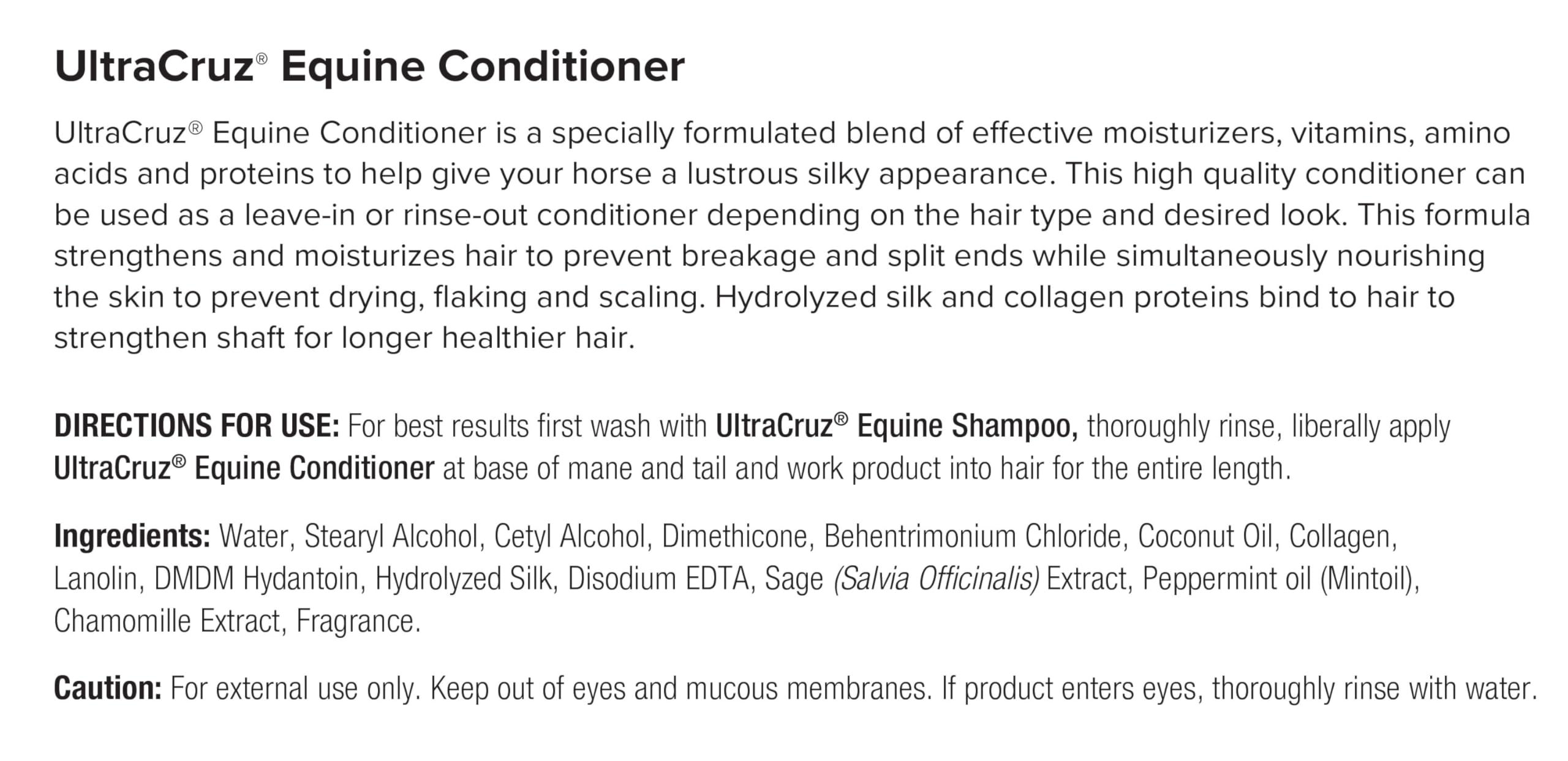 UltraCruz Equine Conditioner close-up shows shiny coat after use.