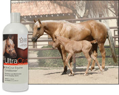 UltraCruz Equine Conditioner jar highlights hydrolyzed silk and collagen for hair strength.