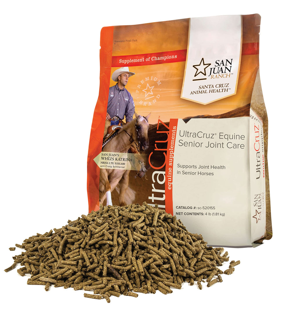 UltraCruz Equine Senior Joint Care pellets packaging shows a soy-free joint support blend