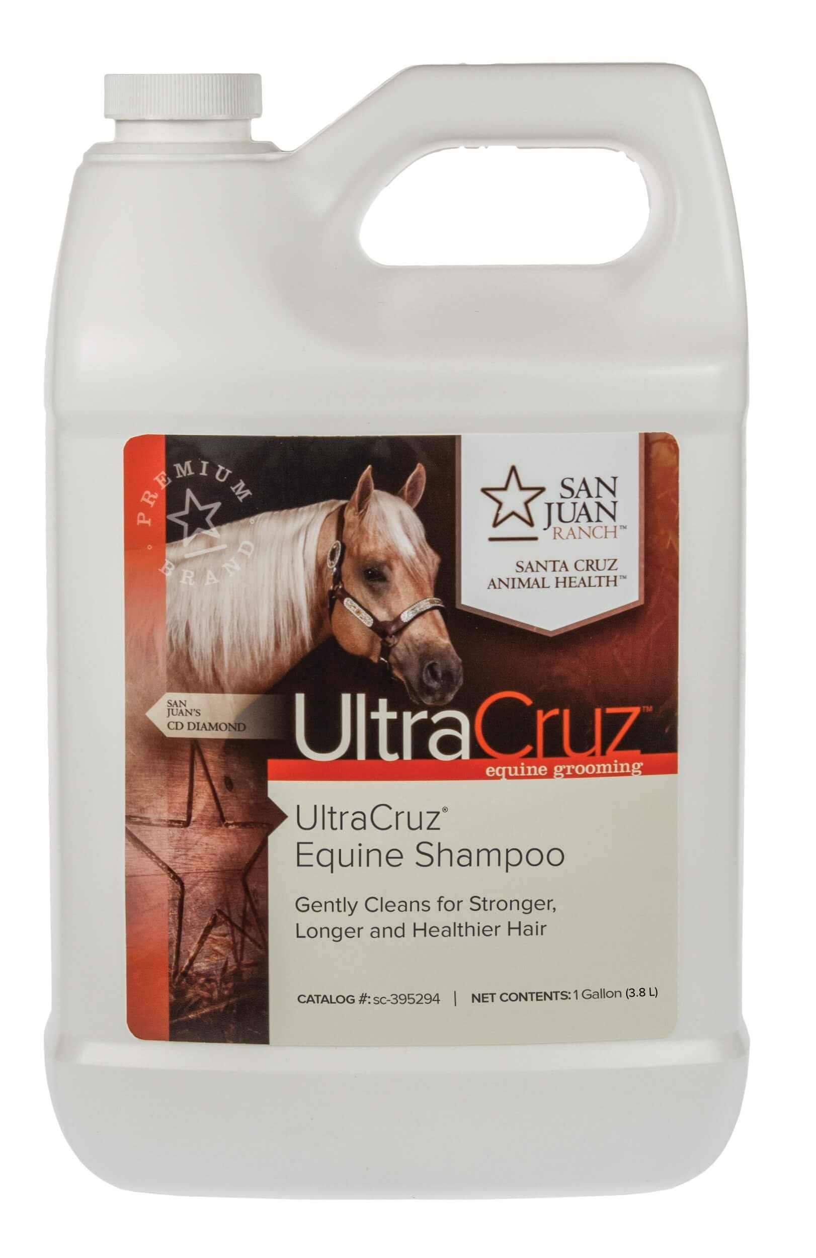 UltraCruz Equine Shampoo bottle pour showing easy dispensing for thorough clean.