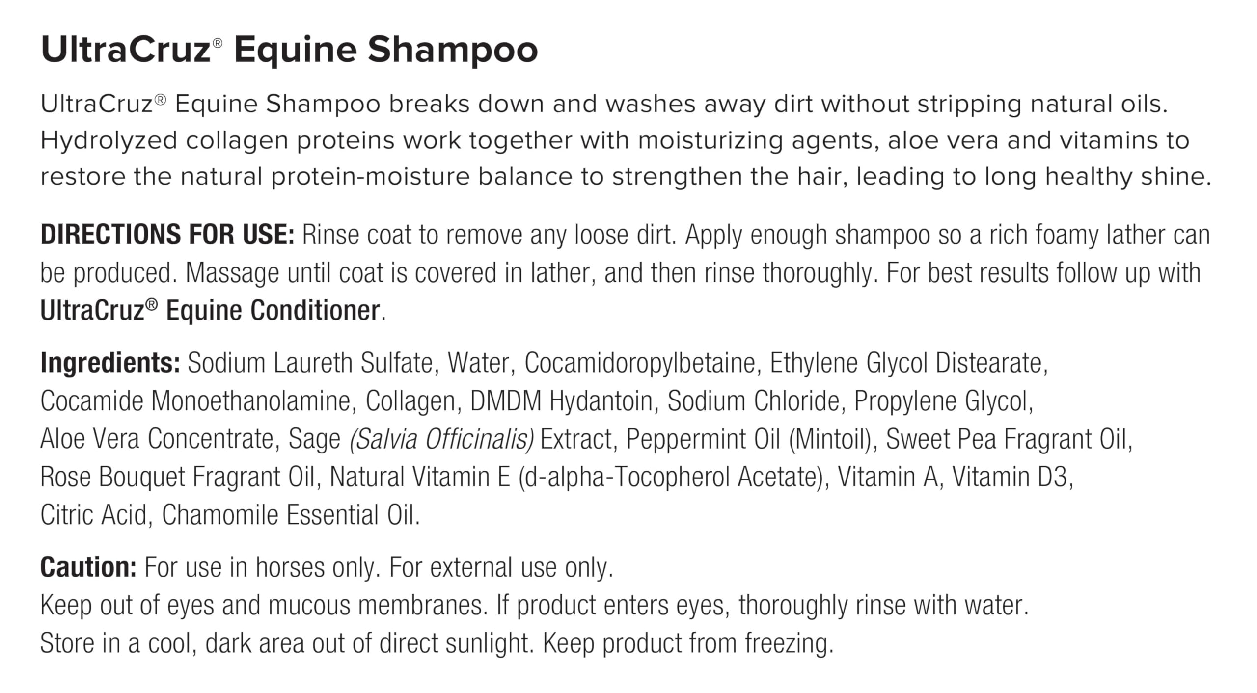 UltraCruz Equine Shampoo USA-made label highlights quality, sourced ingredients.