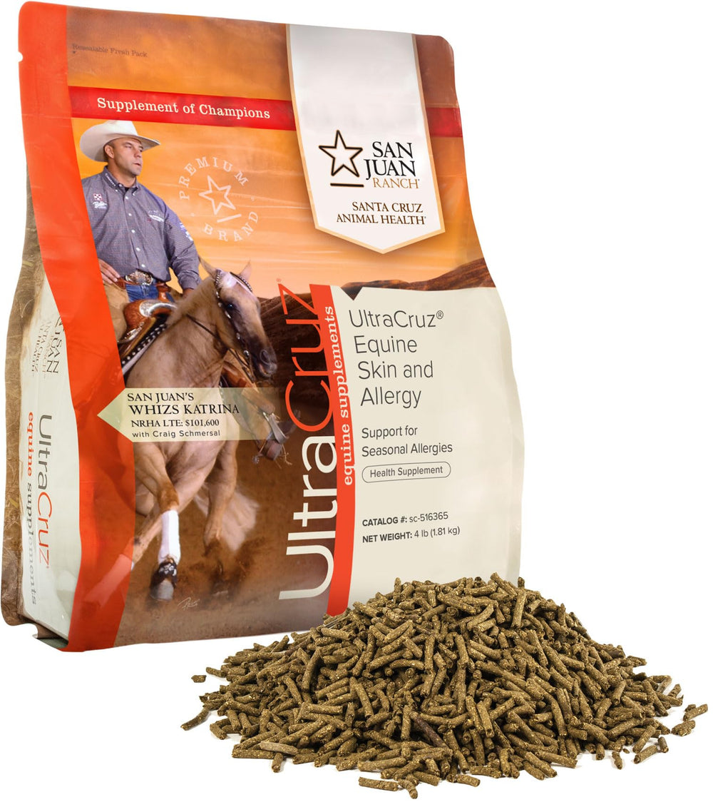 UltraCruz Equine Skin and Allergy pellets in bottle for seasonal support.