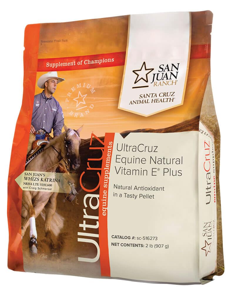 UltraCruz Equine Vitamin E Plus pellets shown for easy, consistent dosing with feed.