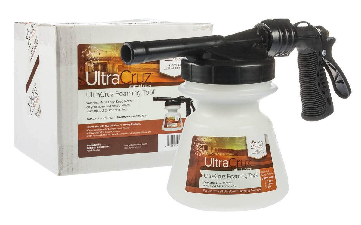 UltraCruz Foaming Tool attached to hose for quick grooming.