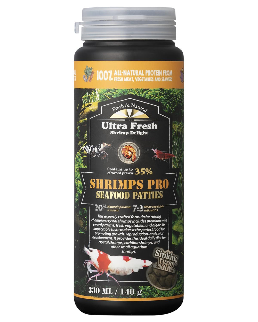 Ultra Fresh Shrimp Food packaging highlights premium high-protein formula for healthy, vibrant shrimps