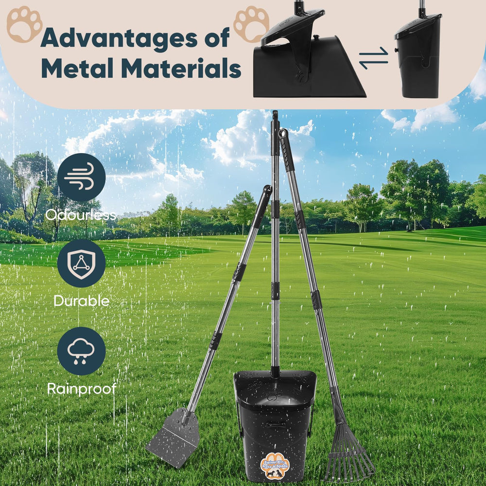 Ulugt manganese steel pooper scooper with rake and spade for versatile waste collection