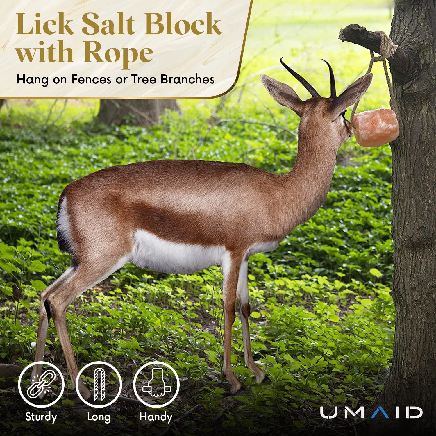 UMAID Himalayan Salt Lick block on rope; durable and long-lasting.